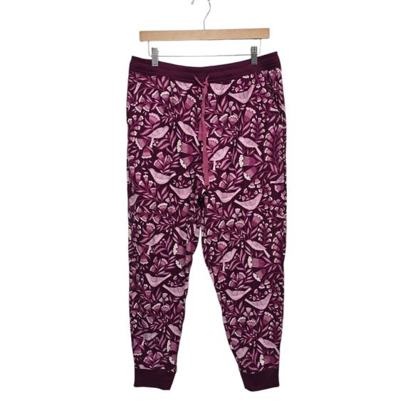 Garnet Hill Organic Pima Cotton‎ Flannel Joggers Maroon Bird Floral Size Medium - Picture 1 of 9